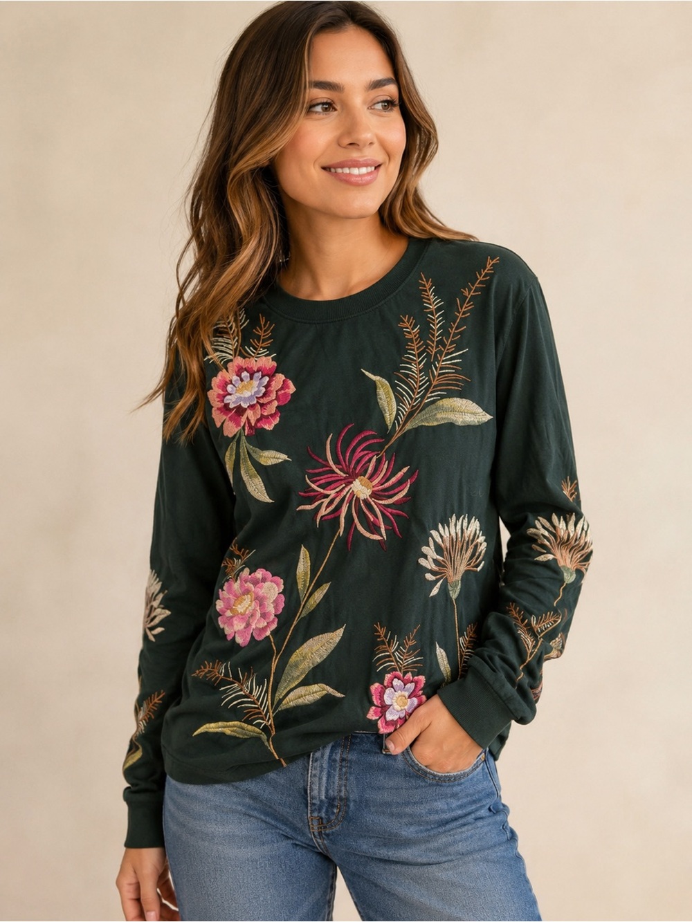 Johnny Was Dark Green Floral Embroidered Crewneck Shirt